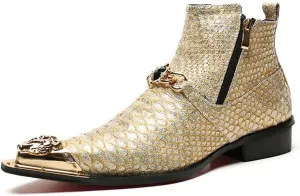 Rui Landed High Top Genuine Leather Faux Snakeskin Print Metal Tip Flat Mens Ankle Boots with Dual Zipper (Color : Beige, Size : 7 M US)
