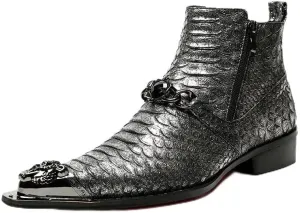 Rui Landed High Top Genuine Leather Faux Snakeskin Print Metal Tip Flat Mens Ankle Boots with Dual Zipper (Color : Black, Size : 7.5 M US)