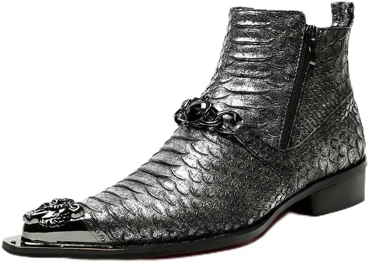 Rui Landed High Top Genuine Leather Faux Snakeskin Print Metal Tip Flat Mens Ankle Boots with Dual Zipper (Color : Black, Size : 7.5 M US)