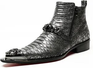 Rui Landed High Top Genuine Leather Faux Snakeskin Print Metal Tip Flat Mens Ankle Boots with Dual Zipper (Color : Black, Size : 9.5 M US)