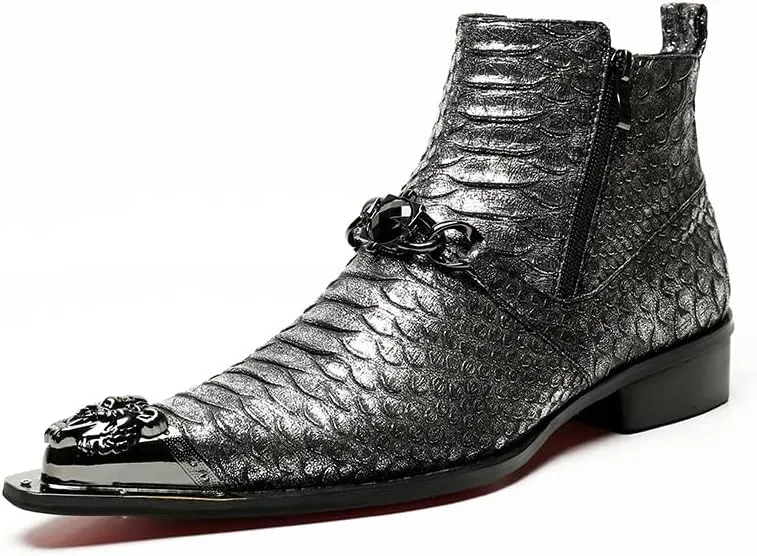 Rui Landed High Top Genuine Leather Faux Snakeskin Print Metal Tip Flat Mens Ankle Boots with Dual Zipper (Color : Black, Size : 9.5 M US)