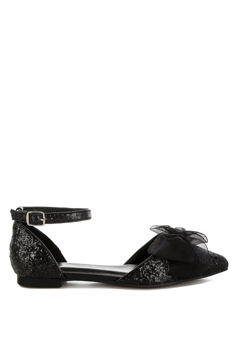 Sheer Bow Detail Glitter Flat Sandals By RUW