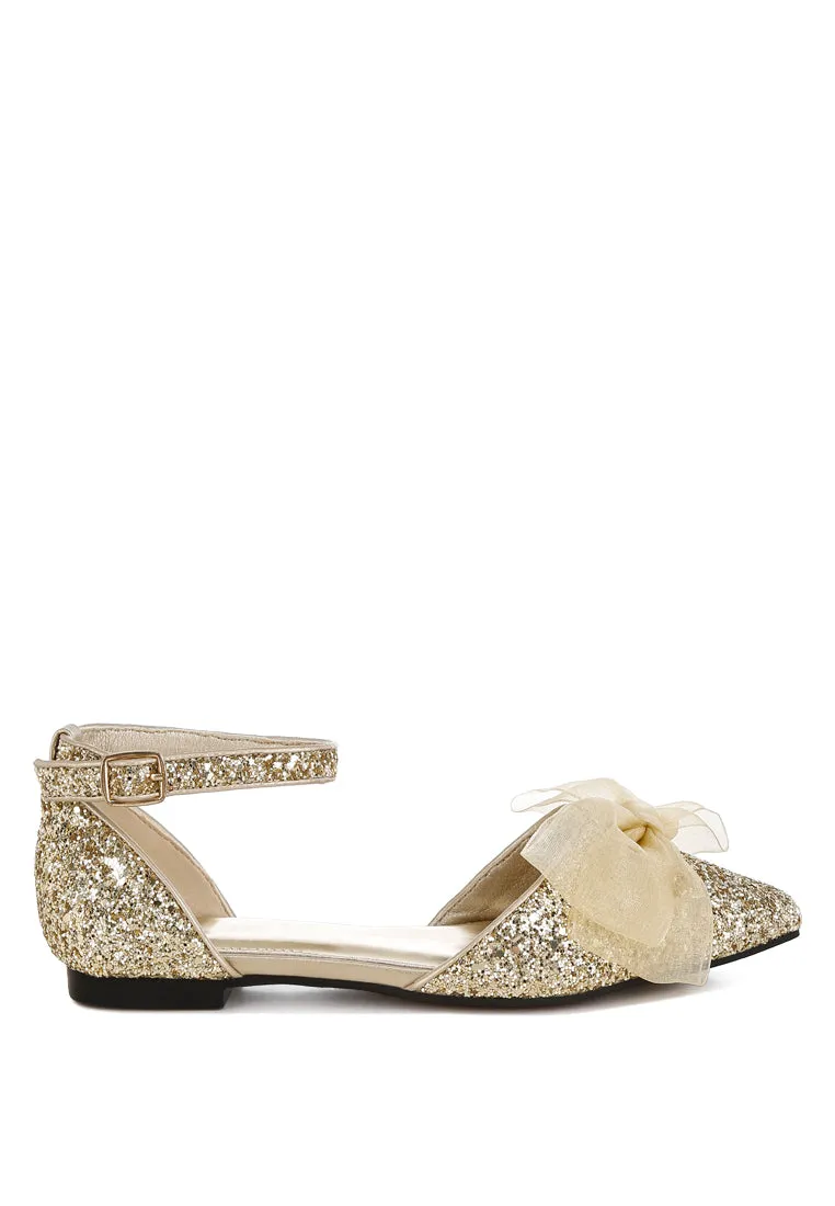 Sheer Bow Detail Glitter Flat Sandals By RUW