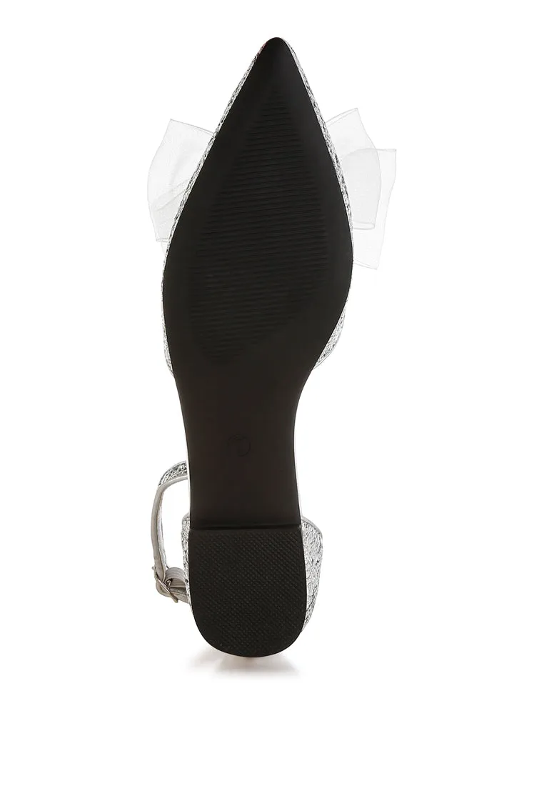 Sheer Bow Detail Glitter Flat Sandals By RUW