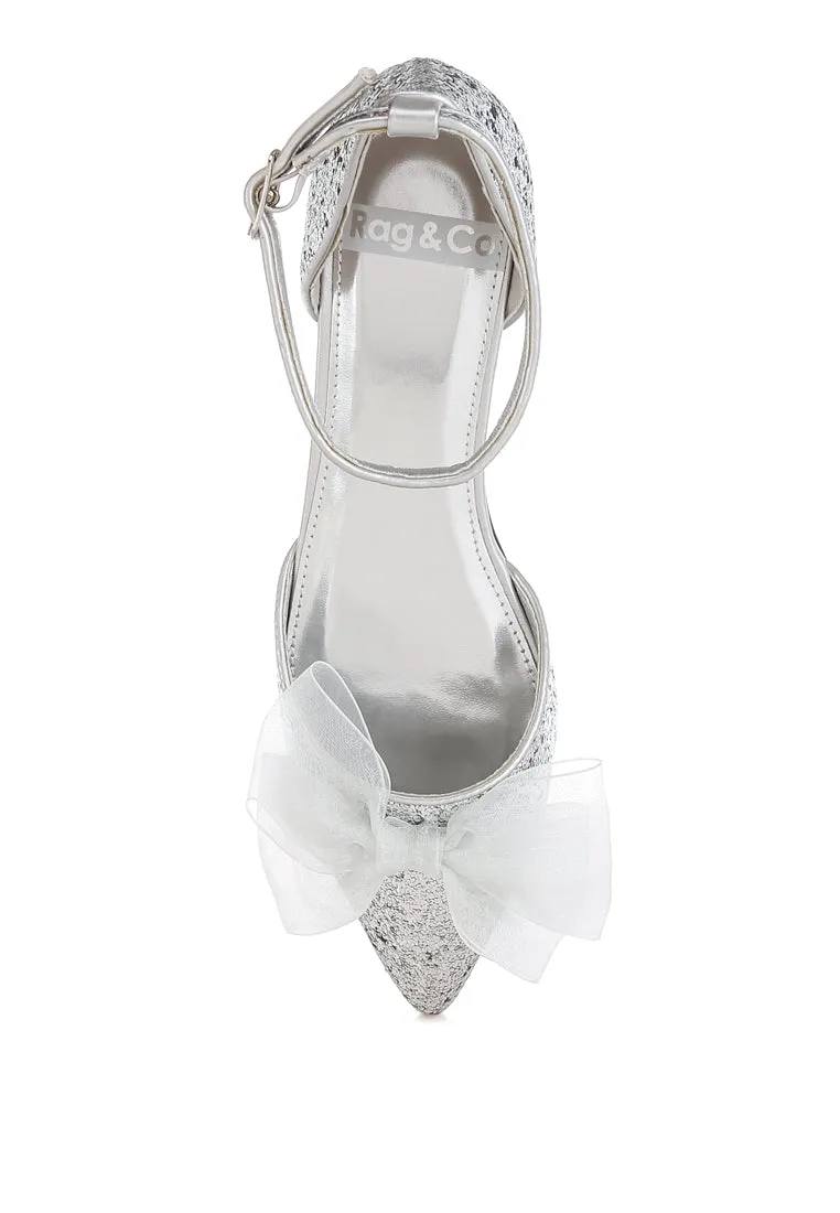 Sheer Bow Detail Glitter Flat Sandals By RUW