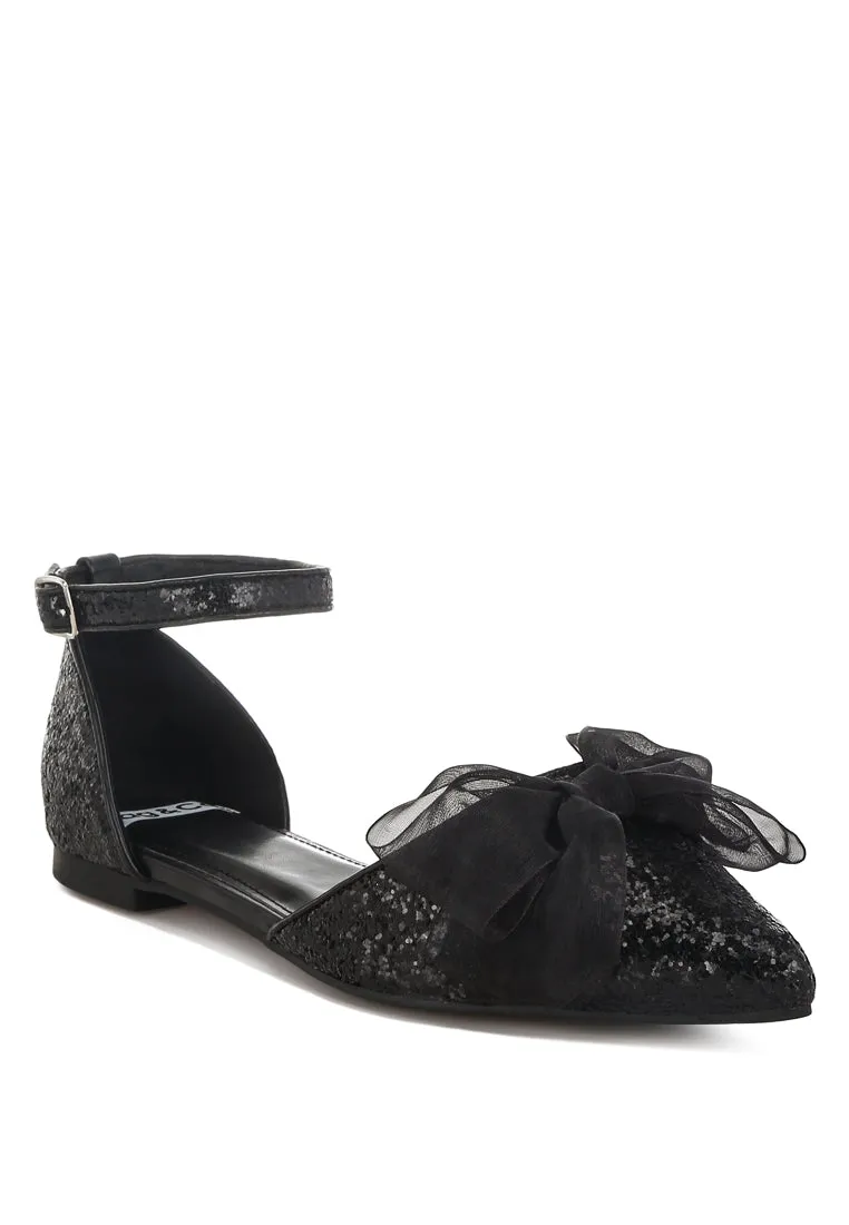 Sheer Bow Detail Glitter Flat Sandals By RUW