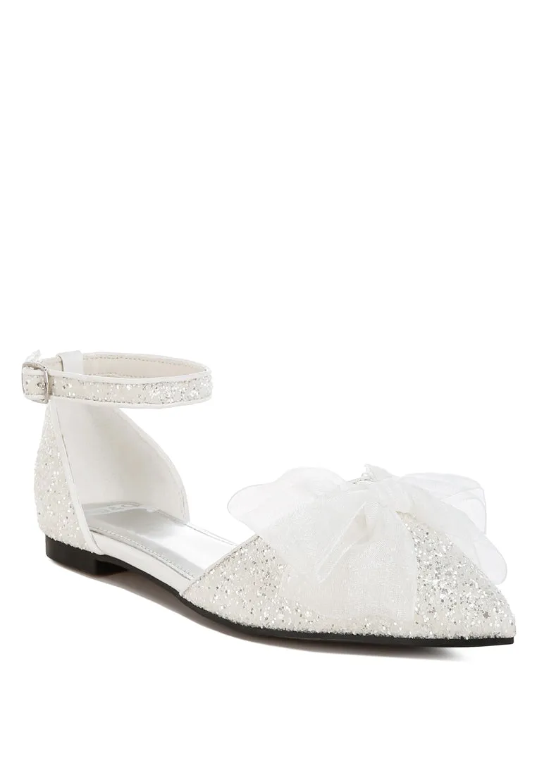 Sheer Bow Detail Glitter Flat Sandals By RUW