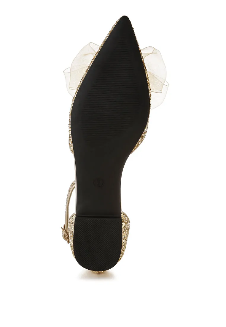 Sheer Bow Detail Glitter Flat Sandals By RUW