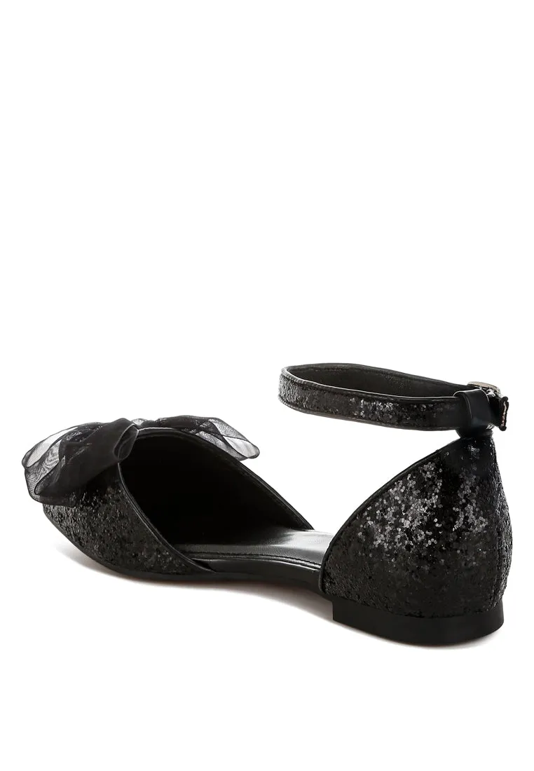 Sheer Bow Detail Glitter Flat Sandals By RUW