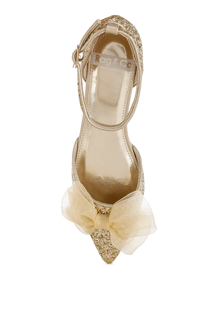 Sheer Bow Detail Glitter Flat Sandals By RUW