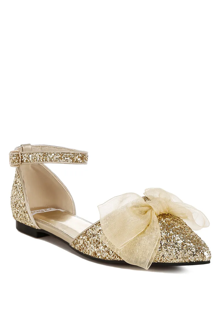 Sheer Bow Detail Glitter Flat Sandals By RUW