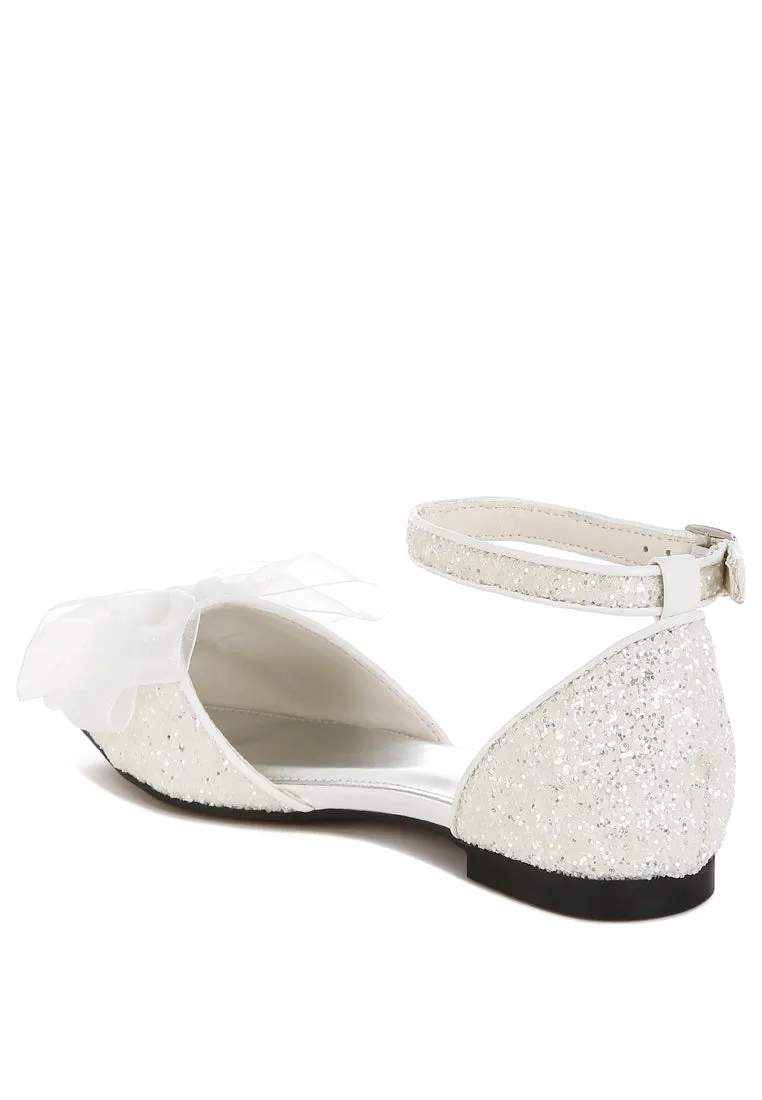 Sheer Bow Detail Glitter Flat Sandals By RUW
