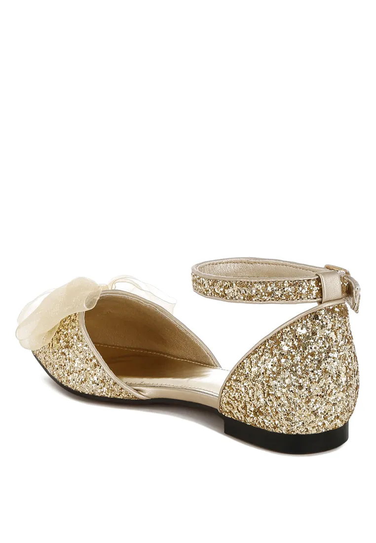 Sheer Bow Detail Glitter Flat Sandals By RUW