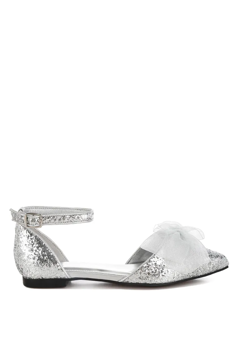 Sheer Bow Detail Glitter Flat Sandals By RUW