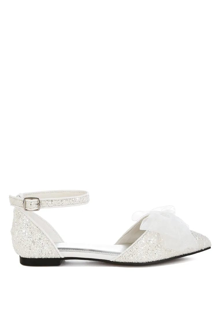 Sheer Bow Detail Glitter Flat Sandals By RUW