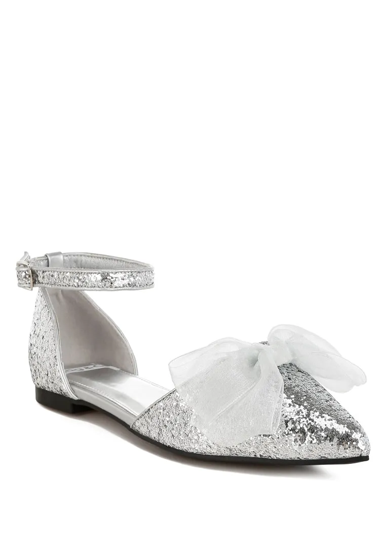 Sheer Bow Detail Glitter Flat Sandals By RUW