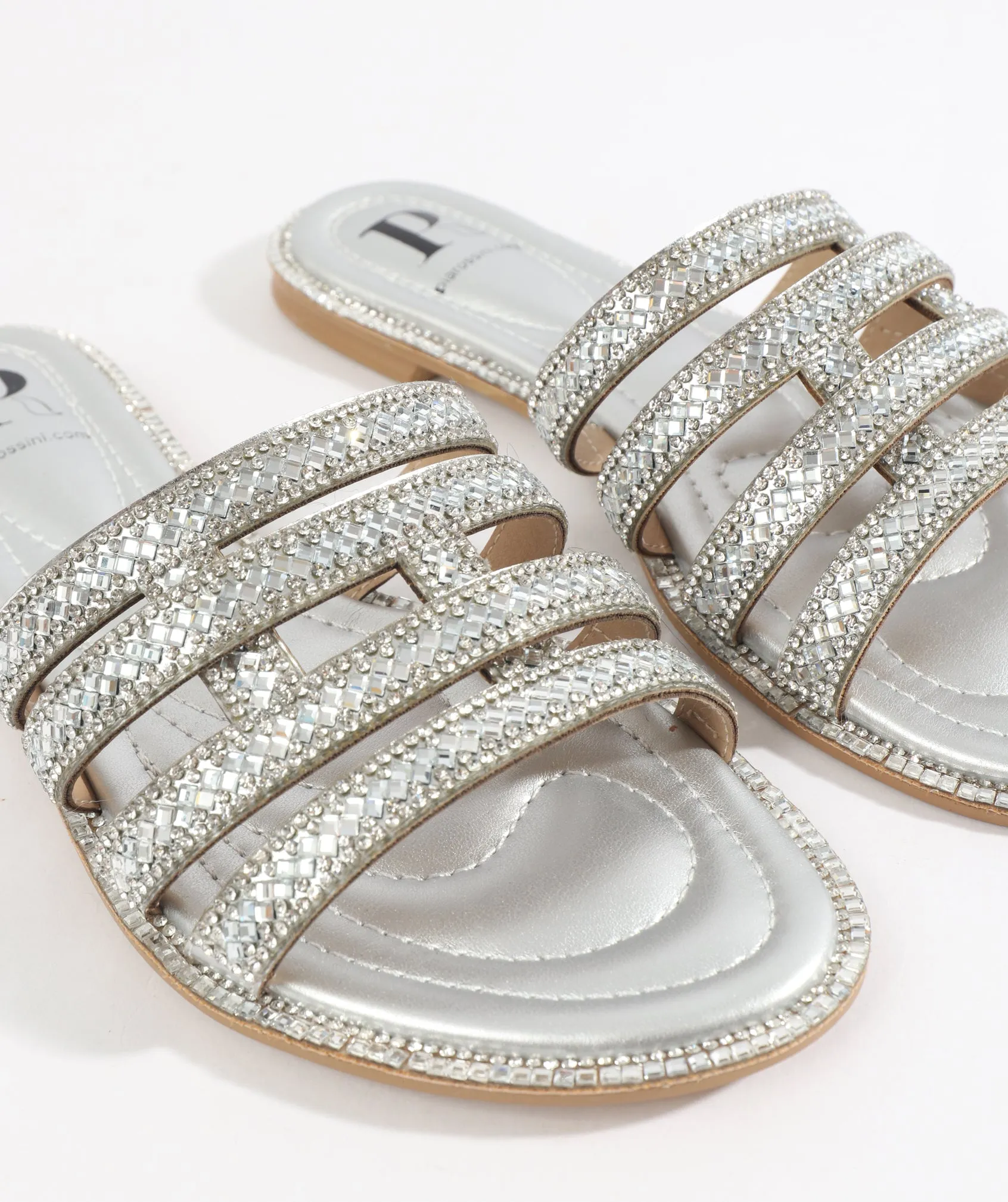 Silver Embellished Slip-On Sandals with Open Toe