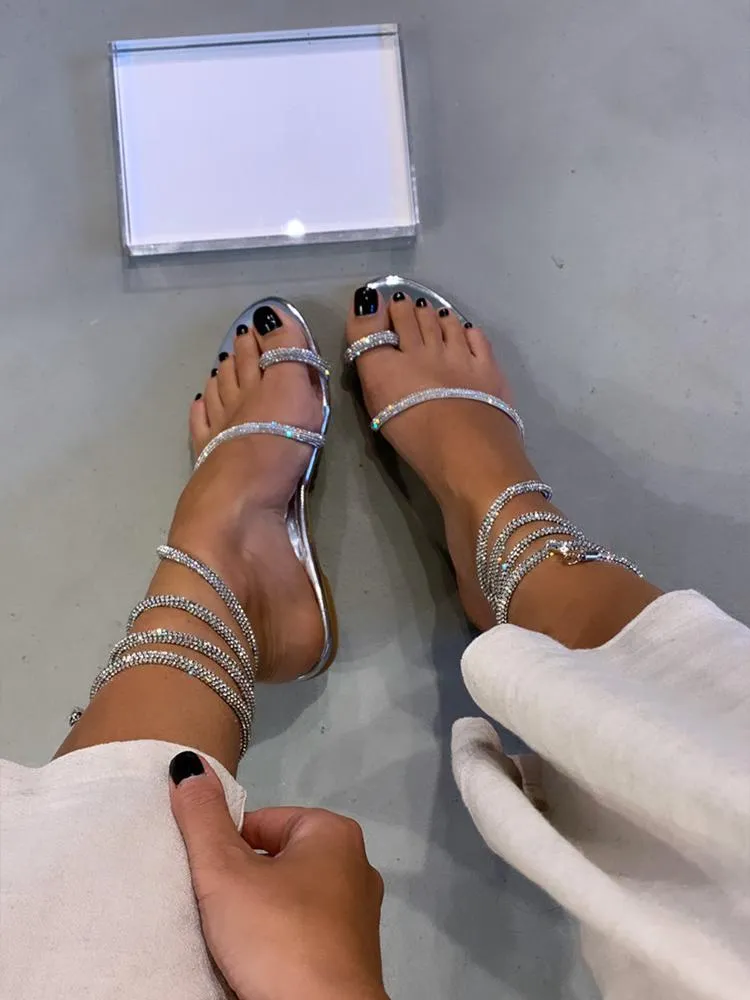 Silver Rhinestone Toe Ring Ankle Wraparound Strap Gladiators Flat Sandals With Lobster Clasp