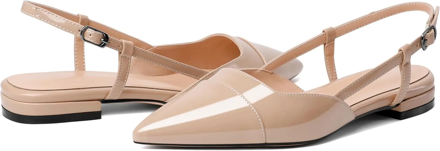 Soireelady Women's Pointed Toe Slingback Flats Ankle Strap Cap Toe Flats Leisure Walking Travel Office Ballet Flat Shoes