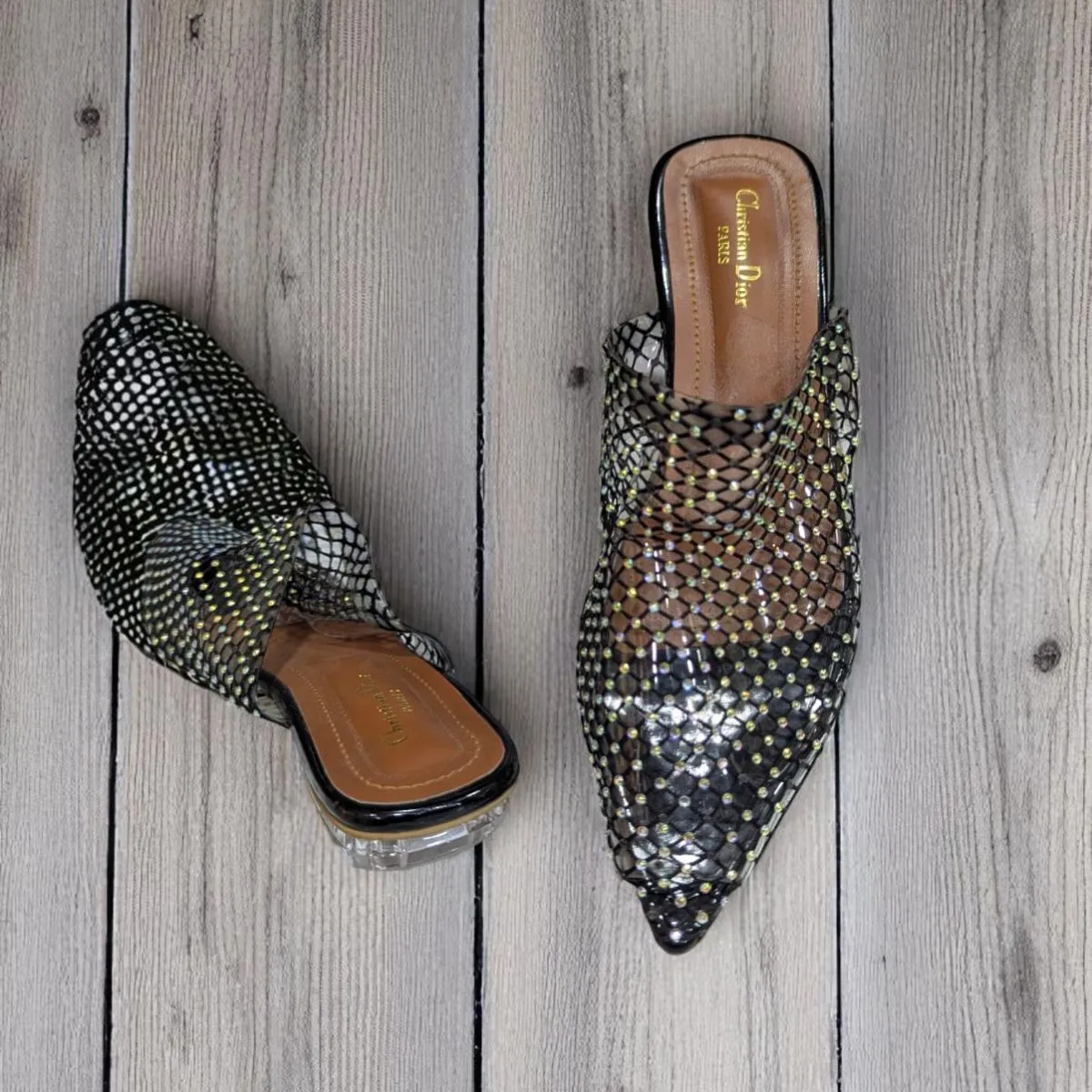 Sparkling Situation Black net Flat Swarovski Crystals Sandal