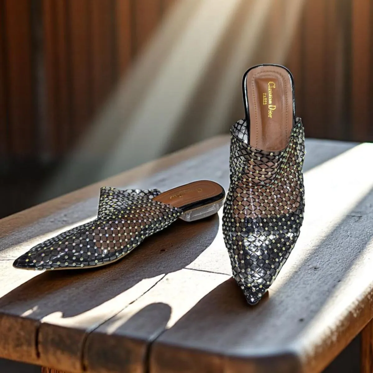 Sparkling Situation Black net Flat Swarovski Crystals Sandal