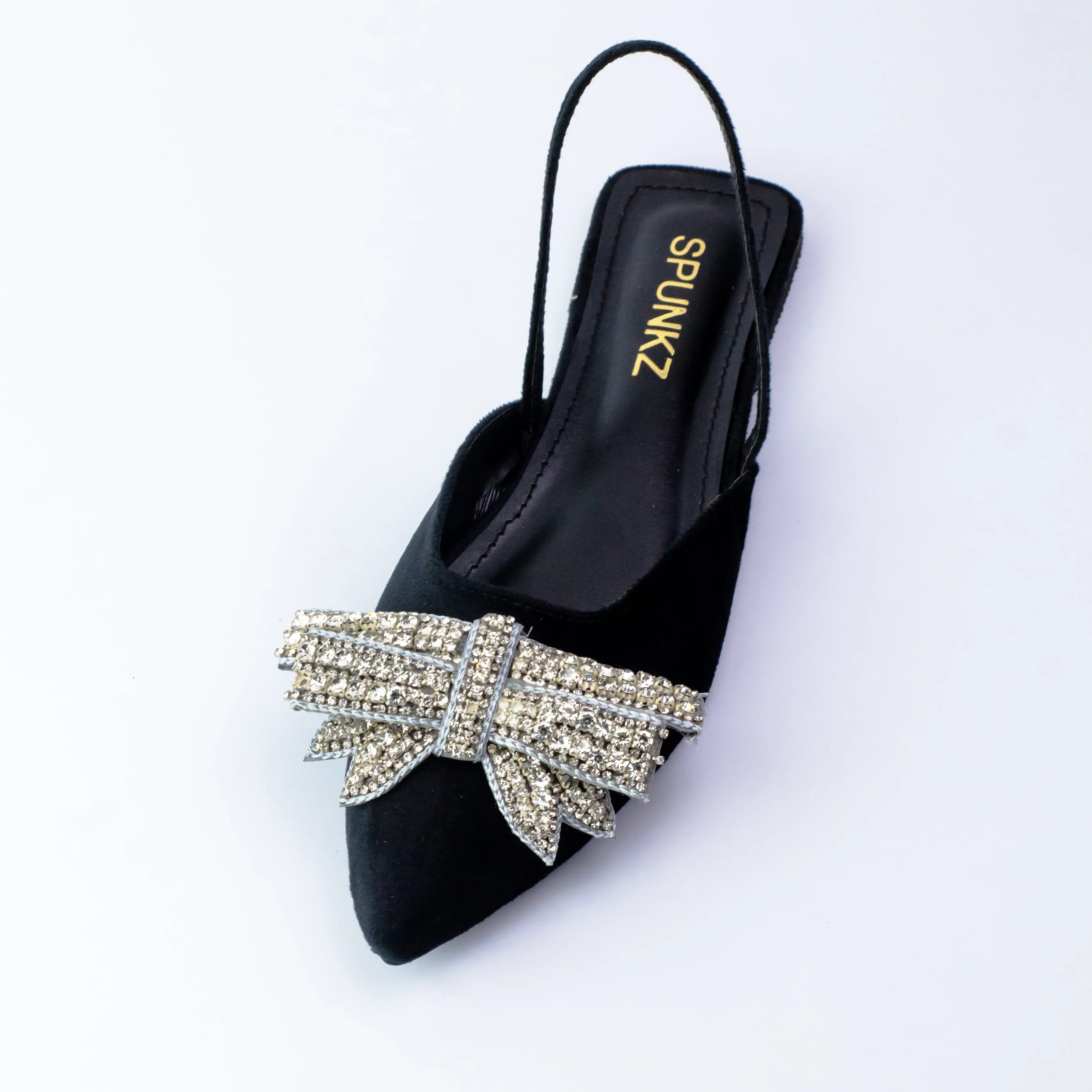 Spunkz Black Rhinestone Bow Decor Pointed Toe Slingback Shoes - 12000