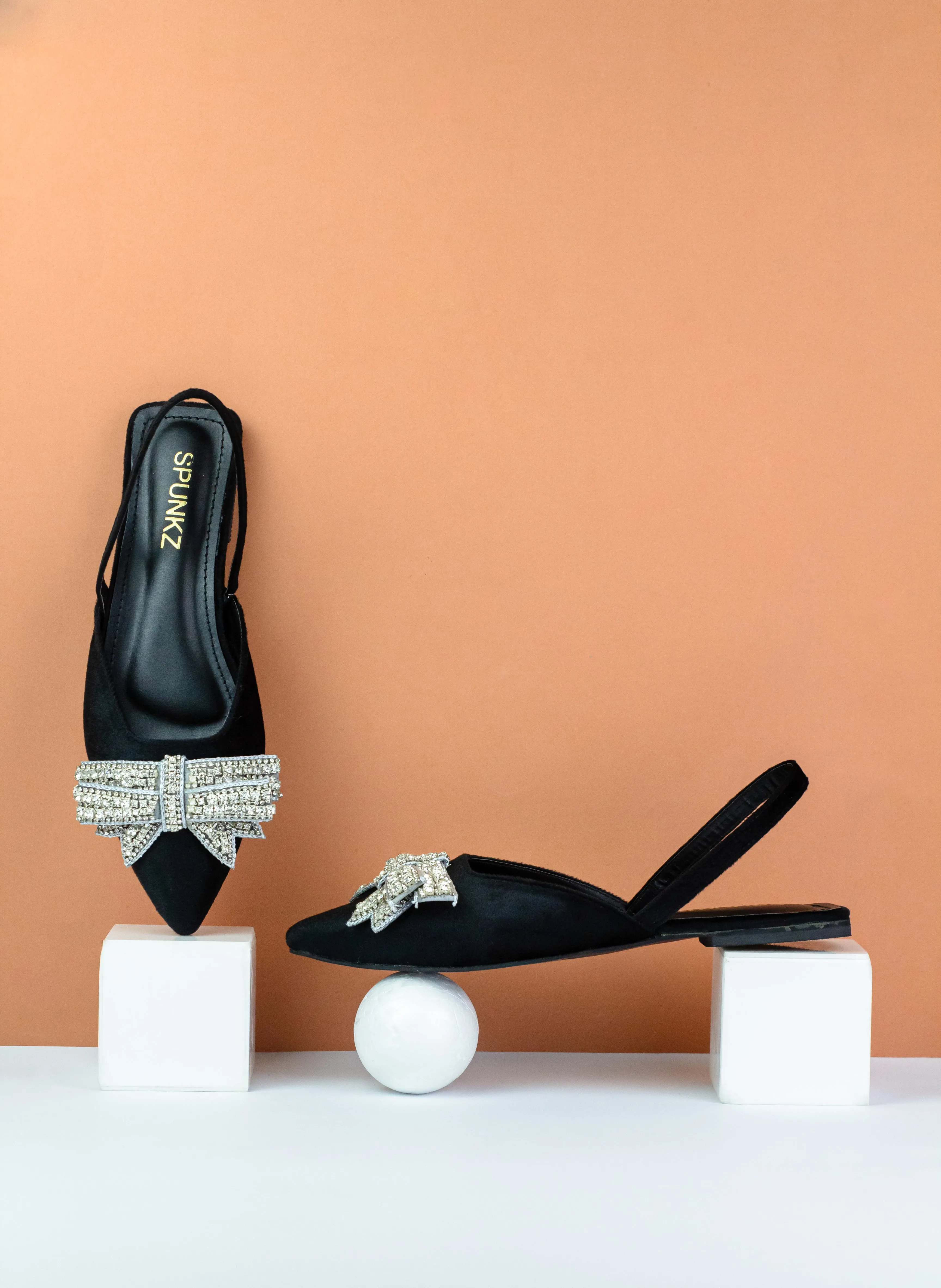 Spunkz Black Rhinestone Bow Decor Pointed Toe Slingback Shoes - 12000