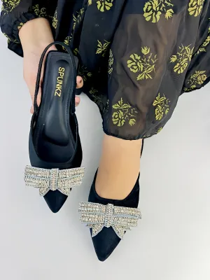 Spunkz Black Rhinestone Bow Decor Pointed Toe Slingback Shoes - 12000