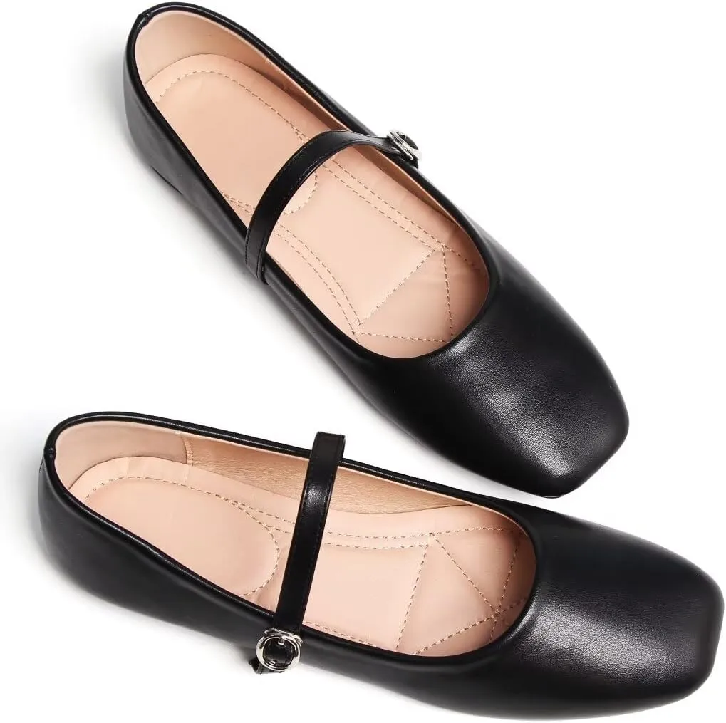 Stunner Mary Jane Square Toe Black Ballet Flats for Women - Comfortable Ankle Strap Casual Slip On Flats