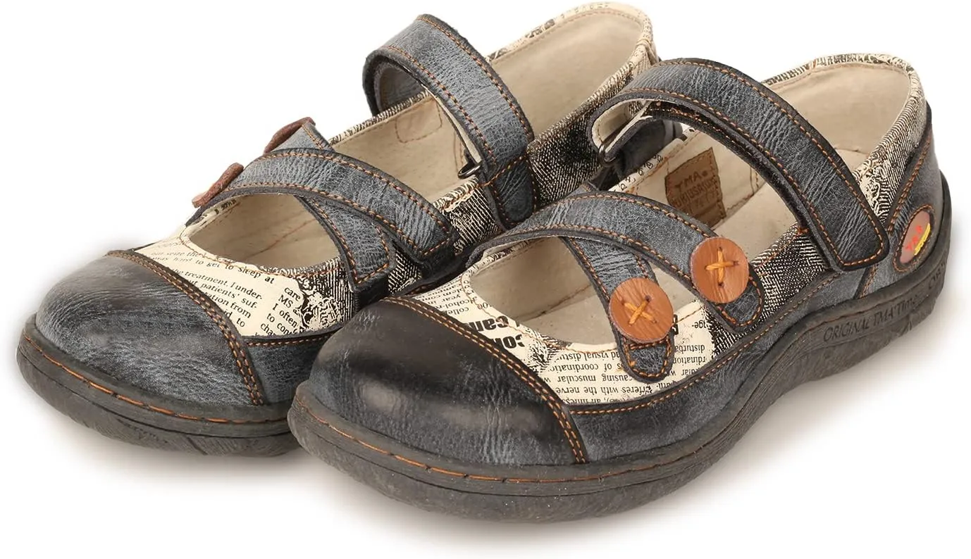 TMA EYES Button Criss Cross Strap Leather Women Flat Shoes