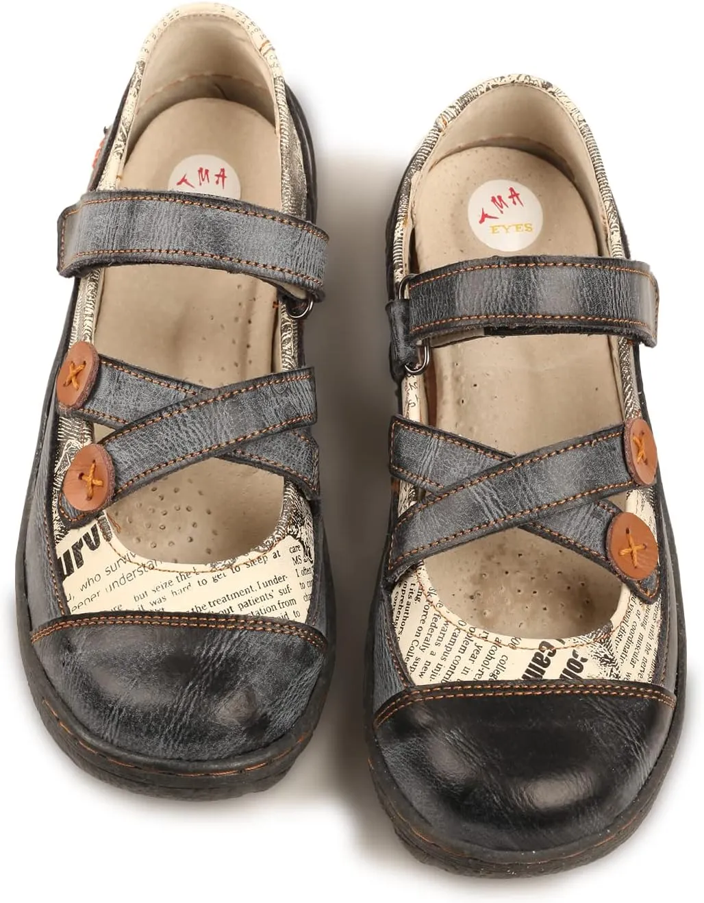 TMA EYES Button Criss Cross Strap Leather Women Flat Shoes