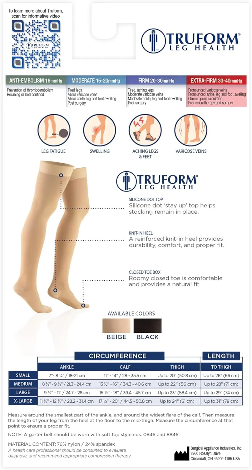 Truform 30-40 mmHg Compression Stockings for Men and Women, Thigh High Length, Dot-Top, Closed Toe, Beige, Medium