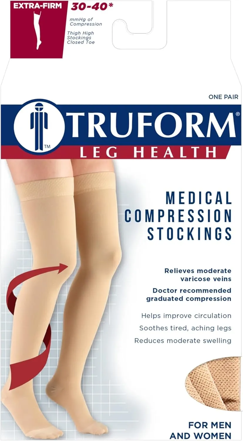 Truform 30-40 mmHg Compression Stockings for Men and Women, Thigh High Length, Dot-Top, Closed Toe, Beige, Medium