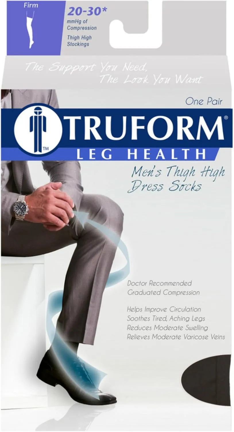 Truform Compression Socks, 20-30 mmHg, Men's Dress Socks, Thigh High Over Knee Length, Black, Large