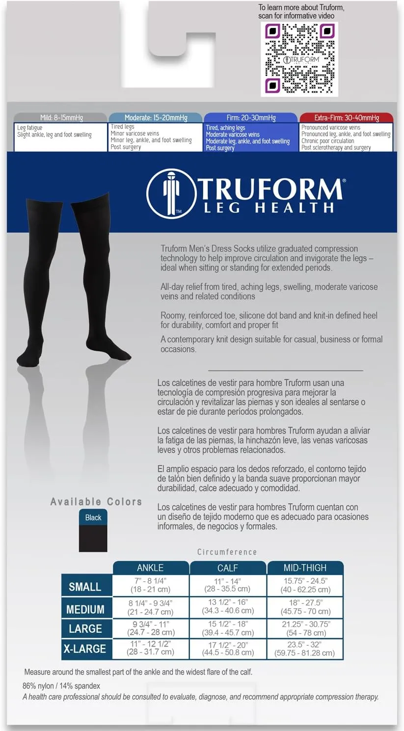Truform Compression Socks, 20-30 mmHg, Men's Dress Socks, Thigh High Over Knee Length, Black, Large