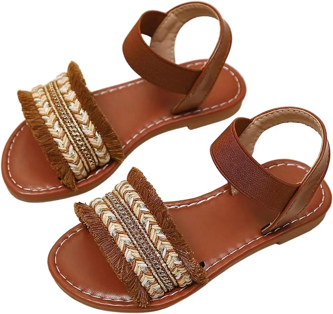Verdusa Girl's Braided Woven Leather Sandals Ankle Strap Open Toe Flat Sandals