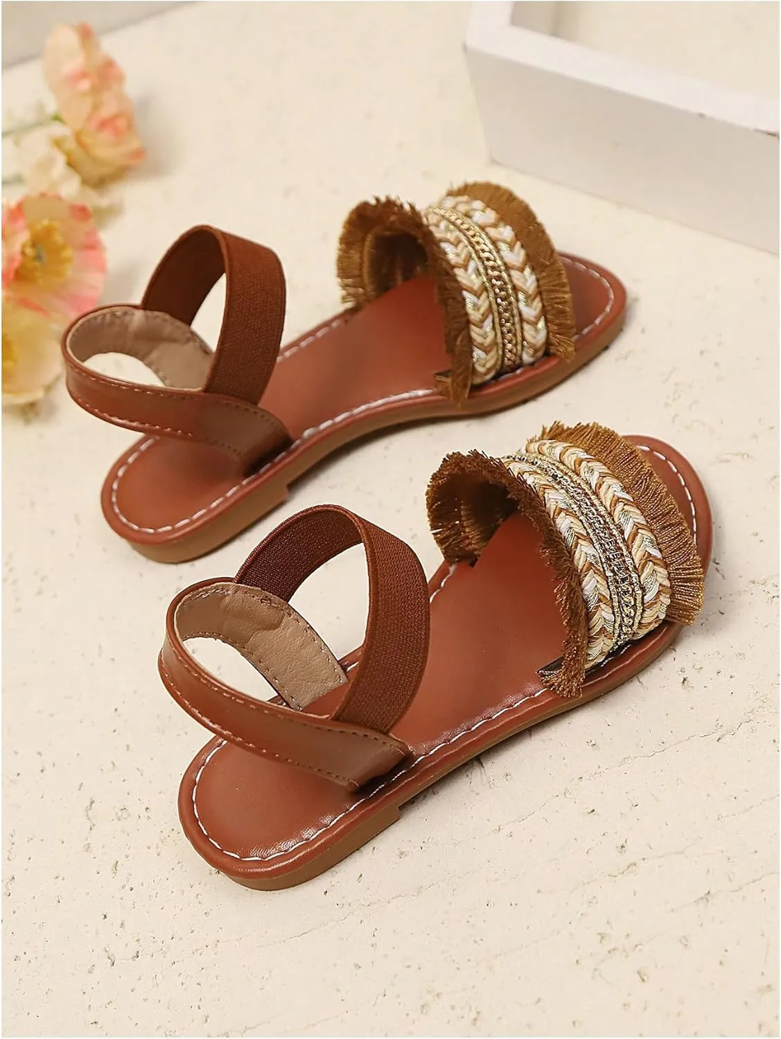 Verdusa Girl's Braided Woven Leather Sandals Ankle Strap Open Toe Flat Sandals