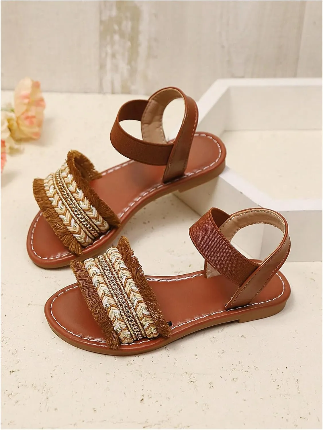 Verdusa Girl's Braided Woven Leather Sandals Ankle Strap Open Toe Flat Sandals