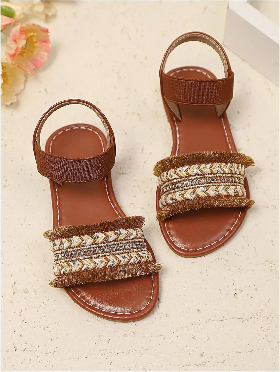 Verdusa Girl's Braided Woven Leather Sandals Ankle Strap Open Toe Flat Sandals