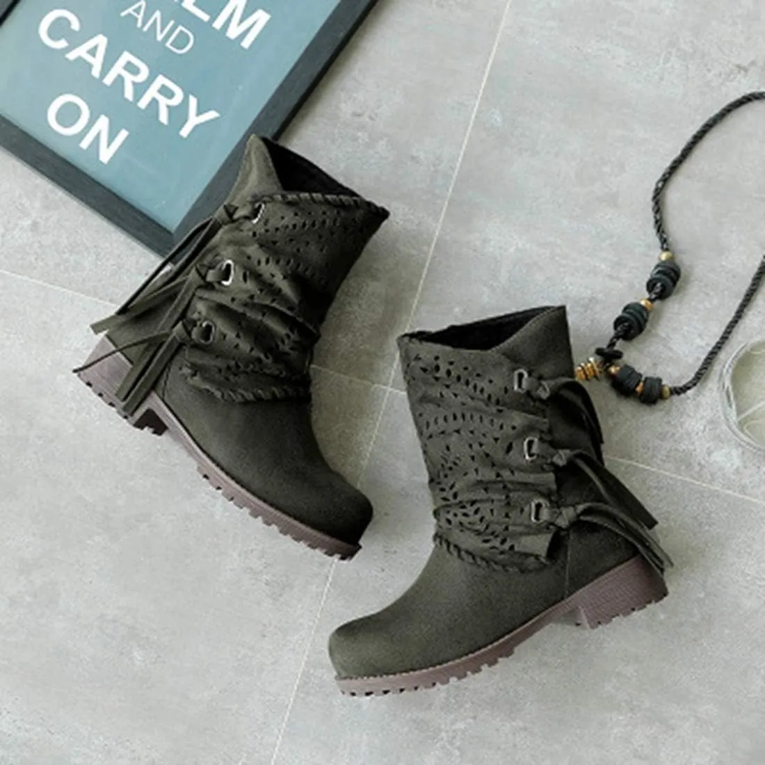 VOKLIN Women's Round Toe Fringe Slouch Ankle Boots Perforated Flat Low Heel Booties Tassel Dressy Short Boot