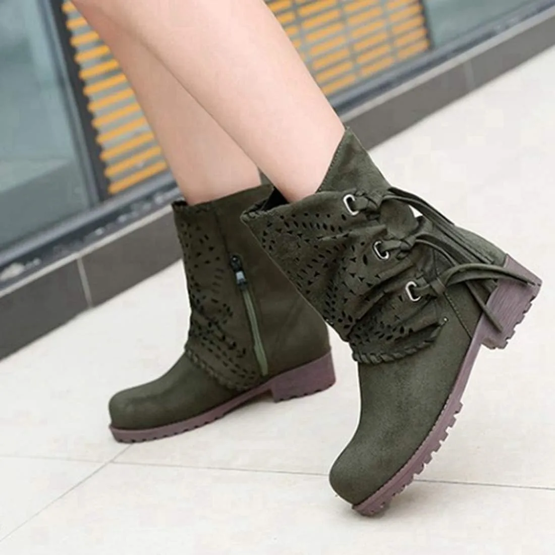 VOKLIN Women's Round Toe Fringe Slouch Ankle Boots Perforated Flat Low Heel Booties Tassel Dressy Short Boot