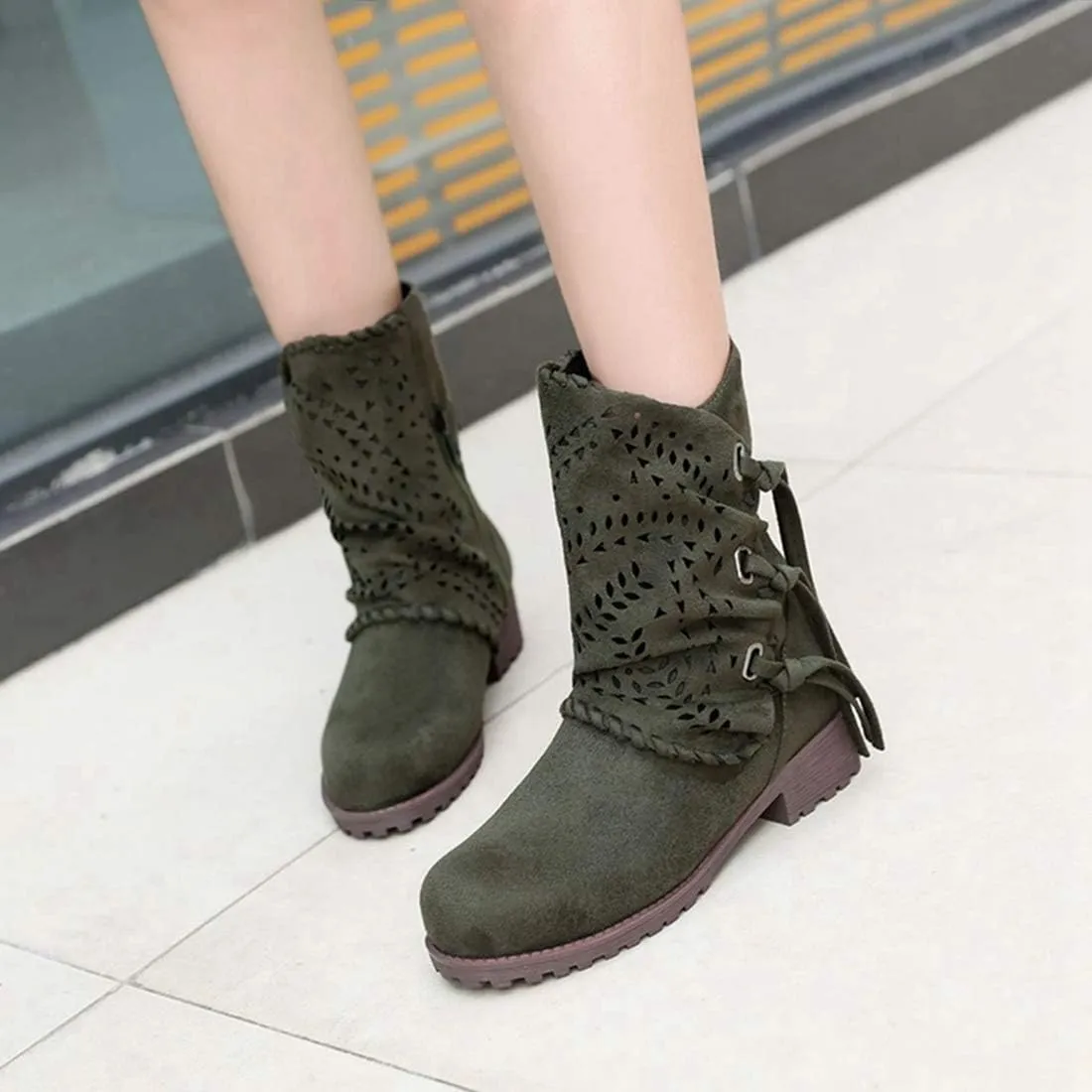 VOKLIN Women's Round Toe Fringe Slouch Ankle Boots Perforated Flat Low Heel Booties Tassel Dressy Short Boot