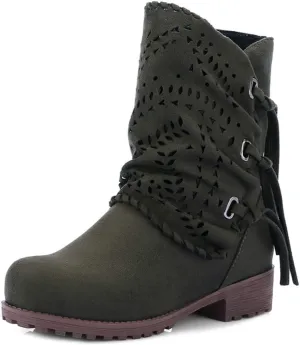 VOKLIN Women's Round Toe Fringe Slouch Ankle Boots Perforated Flat Low Heel Booties Tassel Dressy Short Boot