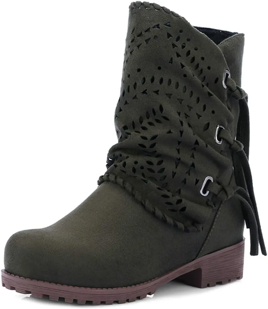 VOKLIN Women's Round Toe Fringe Slouch Ankle Boots Perforated Flat Low Heel Booties Tassel Dressy Short Boot