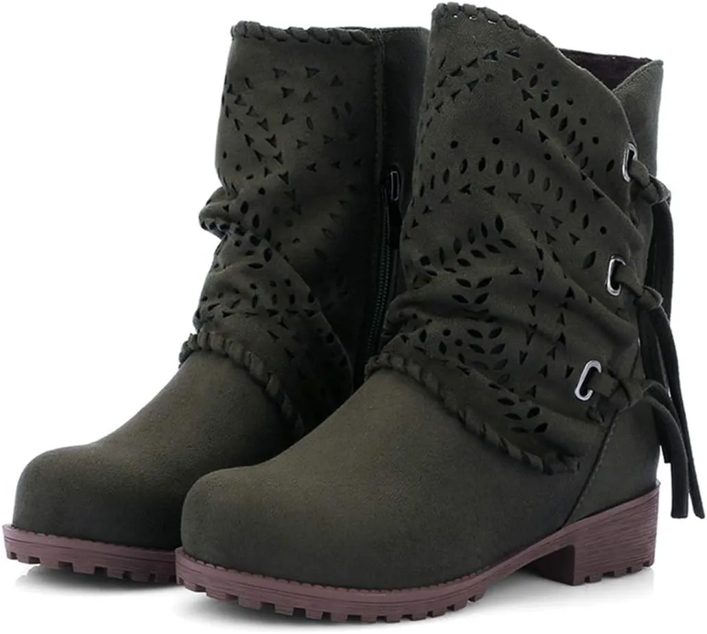 VOKLIN Women's Round Toe Fringe Slouch Ankle Boots Perforated Flat Low Heel Booties Tassel Dressy Short Boot