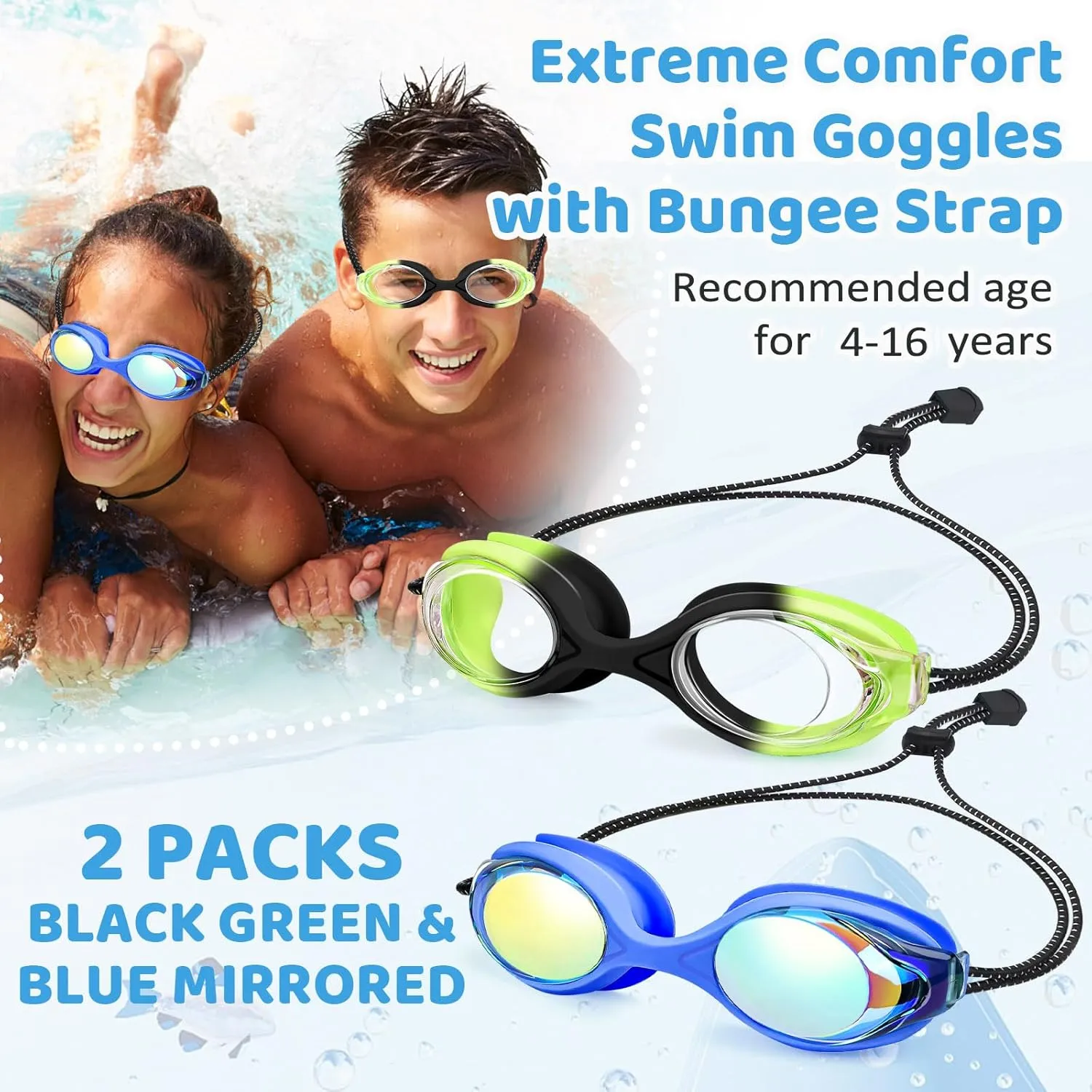 Vvinca Kids Swim Goggles with Bungee Strap No Leaking Anti Fog Toddler Goggles with Quick Adjust Ages 3-14