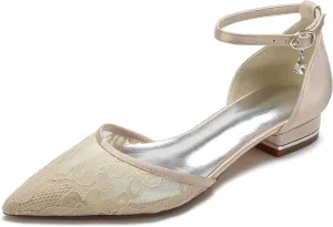 Wedding Shoes for Bride Flat Women Closed Toe Buckle Lace Wedding Bridal Court Shoes