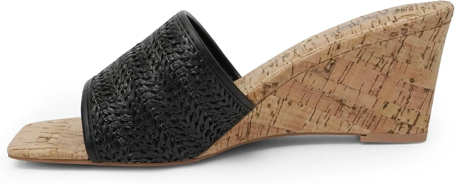 Wedge Sandals for Women Open Toe Wedge Heels Womens High Heel Sandal Square Toe Heeled Wedge Sandals Wood Grain Slip on Wedge Mules