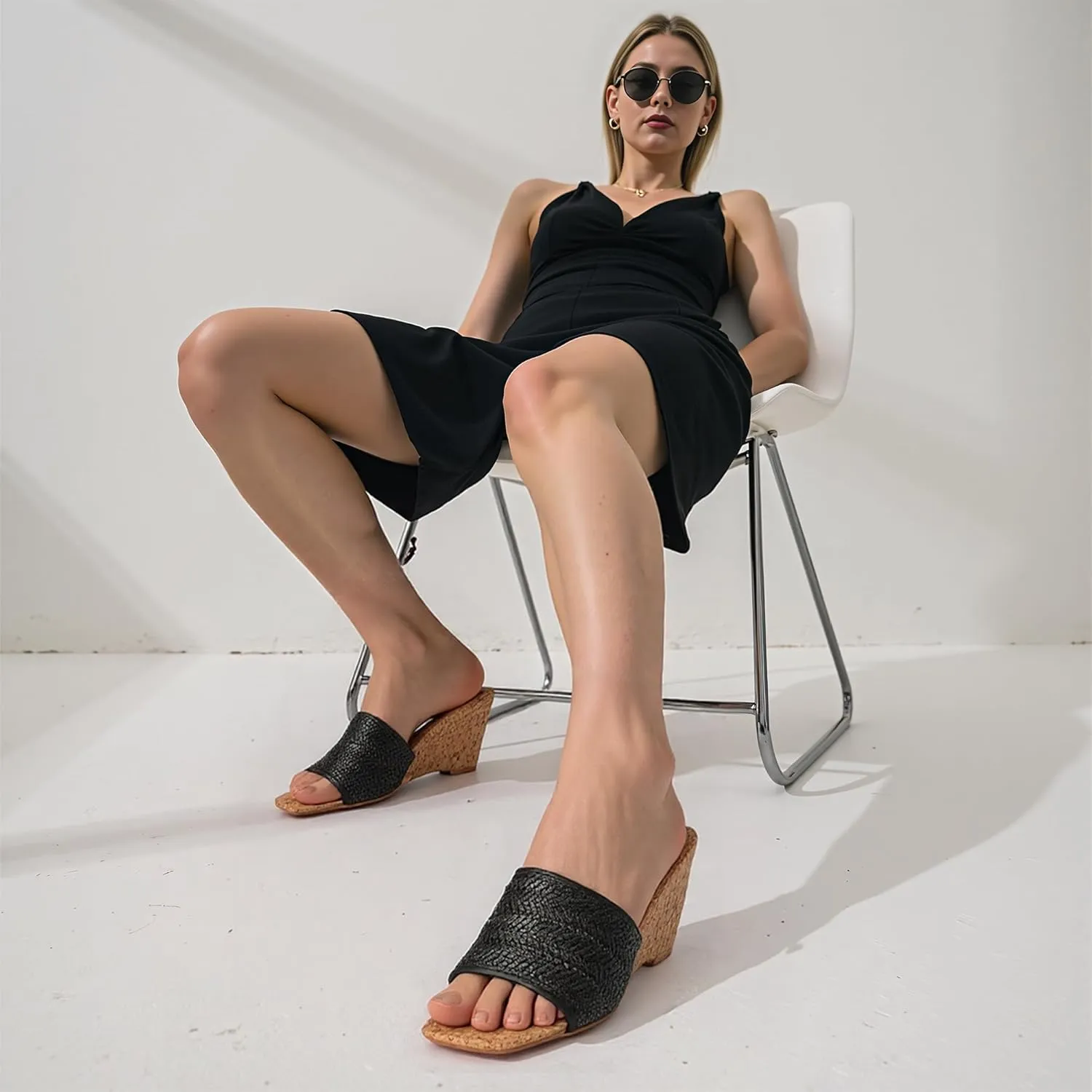 Wedge Sandals for Women Open Toe Wedge Heels Womens High Heel Sandal Square Toe Heeled Wedge Sandals Wood Grain Slip on Wedge Mules