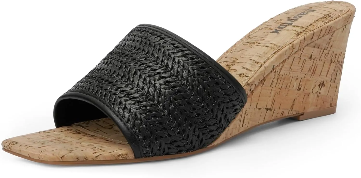 Wedge Sandals for Women Open Toe Wedge Heels Womens High Heel Sandal Square Toe Heeled Wedge Sandals Wood Grain Slip on Wedge Mules